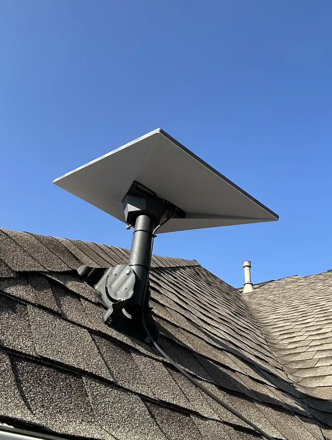 Starlink dish on a roof mount over asphalt shingles, installed by Starlink Ready TX