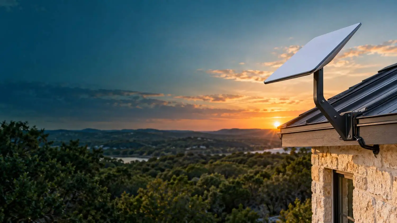 Starlink dish installation on a stone home overlooking the Texas Hill Country